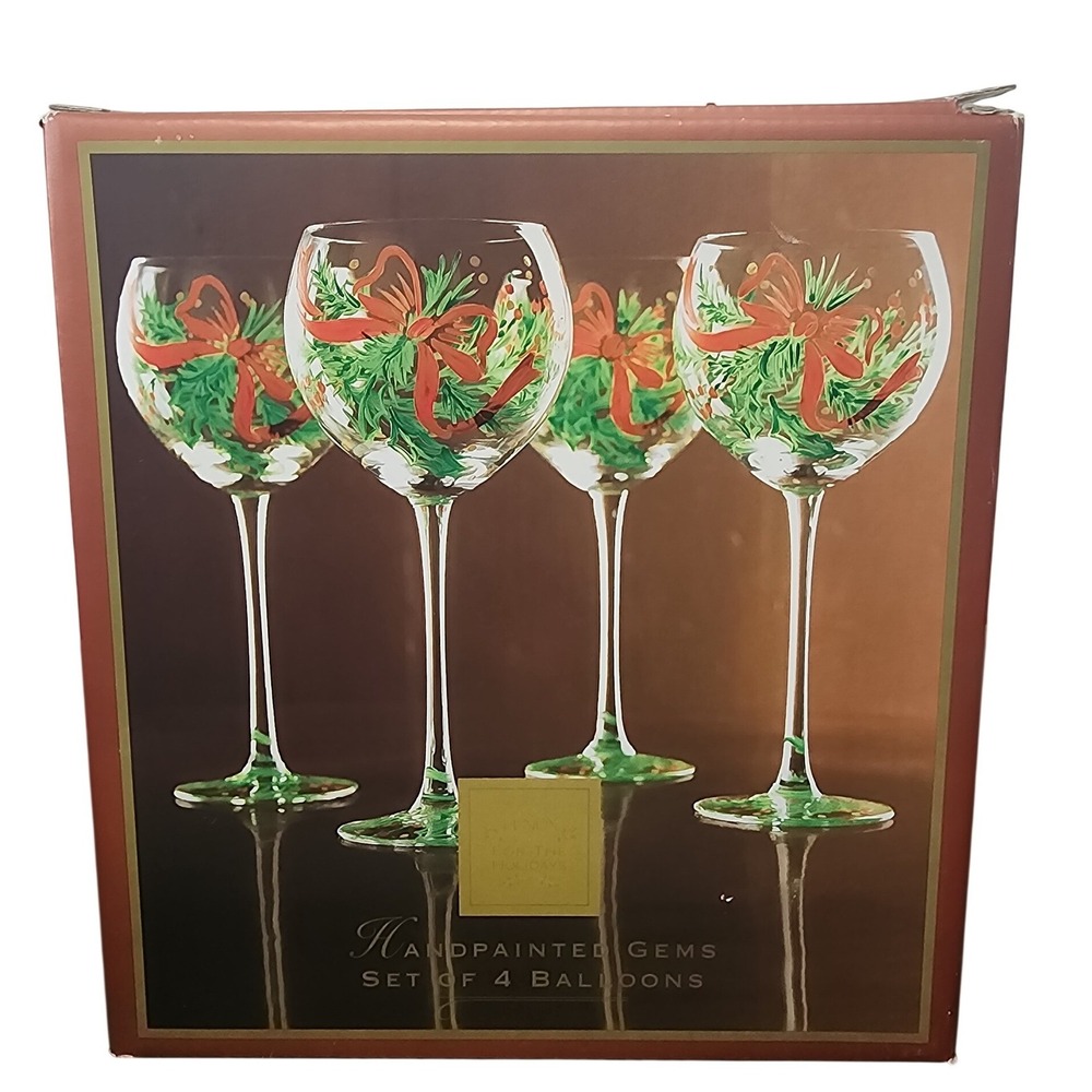 Lenox Handpainted Gems Holiday Balloon Wine Glasses Set of 4 Red Bow Holly Berry